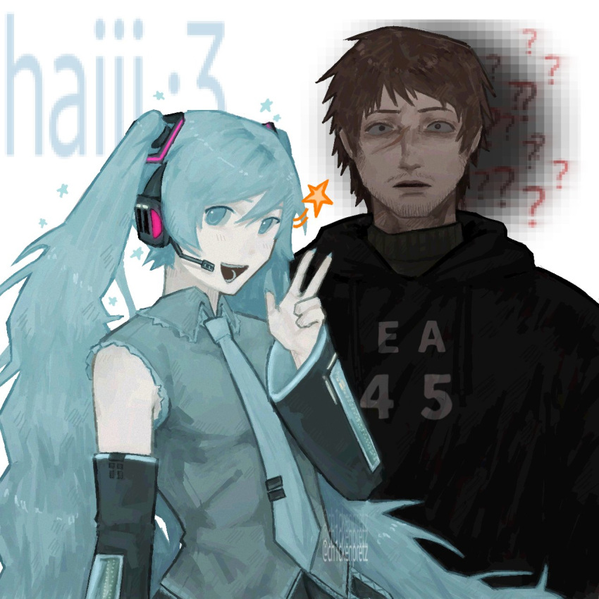 1boy, 1girl, :d, ?, ??, afraid_of_monsters, bags_under_eyes, beard_stubble, black_hoodie, blue_eyes, blue_hair, blue_necktie, blue_shirt, brown_hair, ch1ckenpretz, david_leatherhoff, detached_sleeves, english_text, facial_hair, hand_up, hatsune_miku, headset, highres, hood, hood_down, hoodie, index_fingers_raised, looking_at_viewer, necktie, print_hoodie, scar, scar_on_face, shirt, short_hair, smile, star_(symbol), stubble, twintails, upper_body, v, vocaloid, wide-eyed