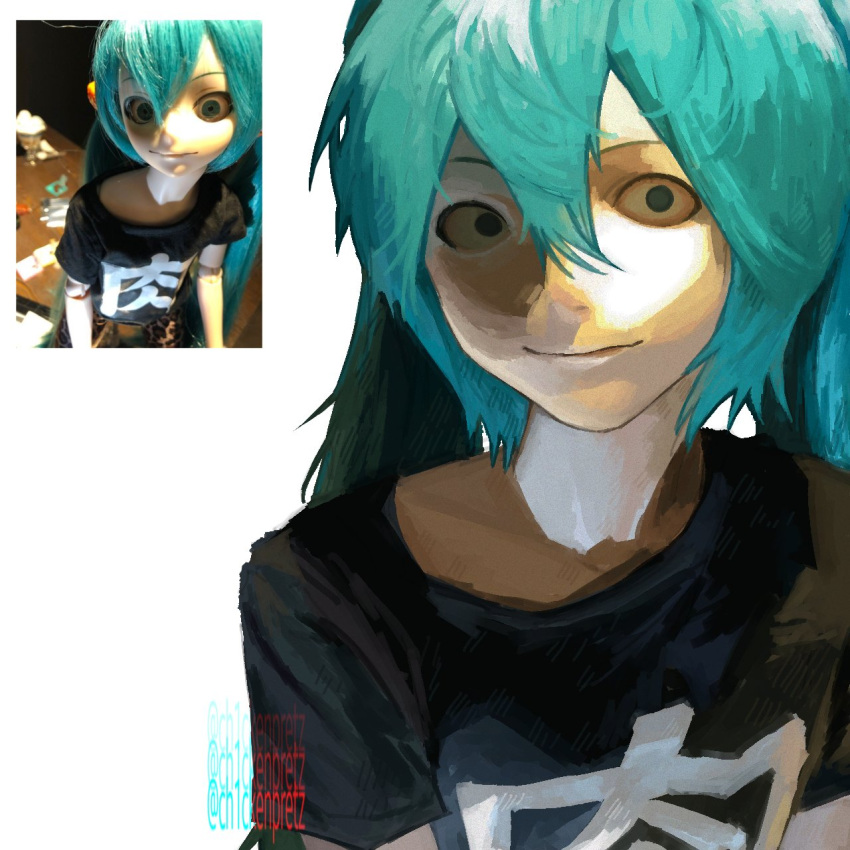 1girl, alternate_costume, black_shirt, bloodshot_eyes, blue_eyes, blue_hair, ch1ckenpretz, double-parted_bangs