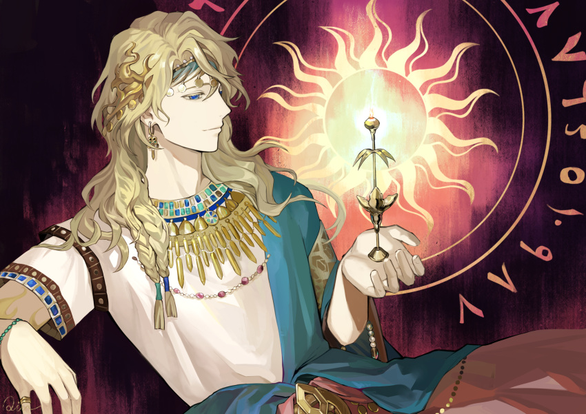 1boy, 6_(reverse:1999), absurdres, blonde_hair, blue_eyes, candlestand, closed_mouth, dark_background