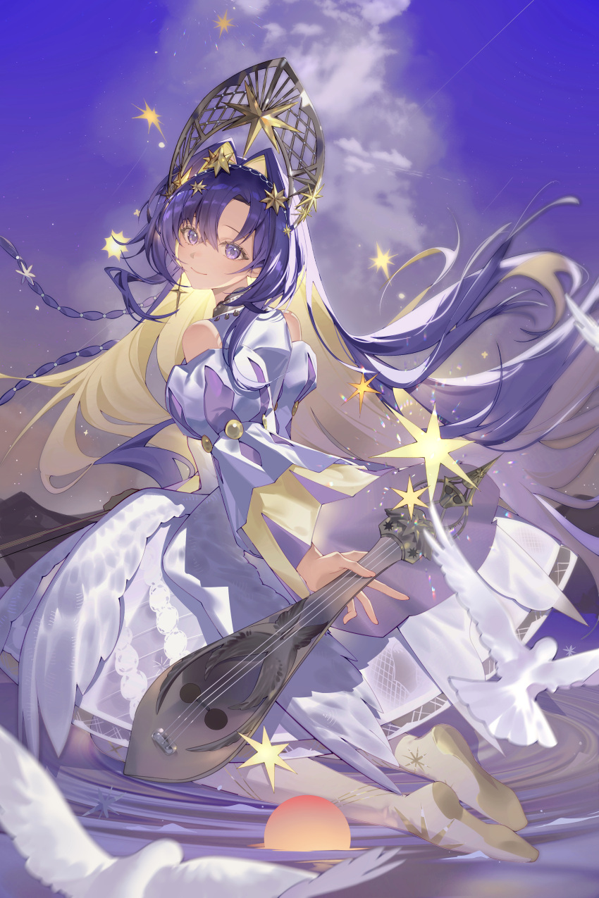 1girl, absurdres, bare_shoulders, bird, blonde_hair, blue_eyes, blue_hair, blue_sky, closed_mouth, clouds, colored_inner_hair, dress, floating_hair, from_side, full_body, gudok, hair_intakes, hair_ornament, highres, holding, holding_instrument, instrument, juliet_sleeves, kneeling, kokoshnik, kuruma1892, long_hair, long_sleeves, looking_at_viewer, multicolored_dress, multicolored_hair, official_alternate_costume, pantyhose, puffy_sleeves, reverse:1999, ripples, sky, smile, solo, star_(symbol), star_hair_ornament, turning_head, very_long_hair, voyager_(choir_of_the_stars)_(reverse:1999), voyager_(reverse:1999), water, white_bird, white_dress, white_pantyhose