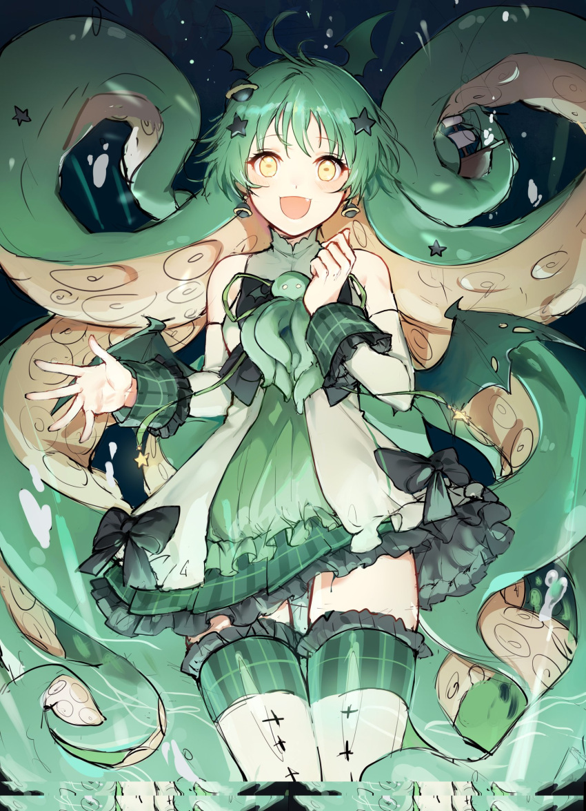 1girl, :d, ahoge, air_bubble, armpits, bubble, cephalopod_eyes, cthulhu, cthulhu_mythos, detached_sleeves, earrings, foam_(awa), giant, giantess, green_hair, green_ribbon, green_shoes, green_skirt, green_theme, green_wings, hair_ornament, head_wings, highres, idol, jewelry, knees_out_of_frame, kraken, long_hair, looking_at_viewer, open_mouth, original, personification, plaid_clothes, plaid_skirt, planet_earrings, pleated_skirt, ribbon, ship, shoes, skirt, sky, smile, star_(symbol), star_hair_ornament, suction_cups, tentacle_hair, tentacles, thigh-highs, underwater, very_long_hair, watercraft, white_thighhighs, wings, wristband, yellow_eyes, zettai_ryouiki