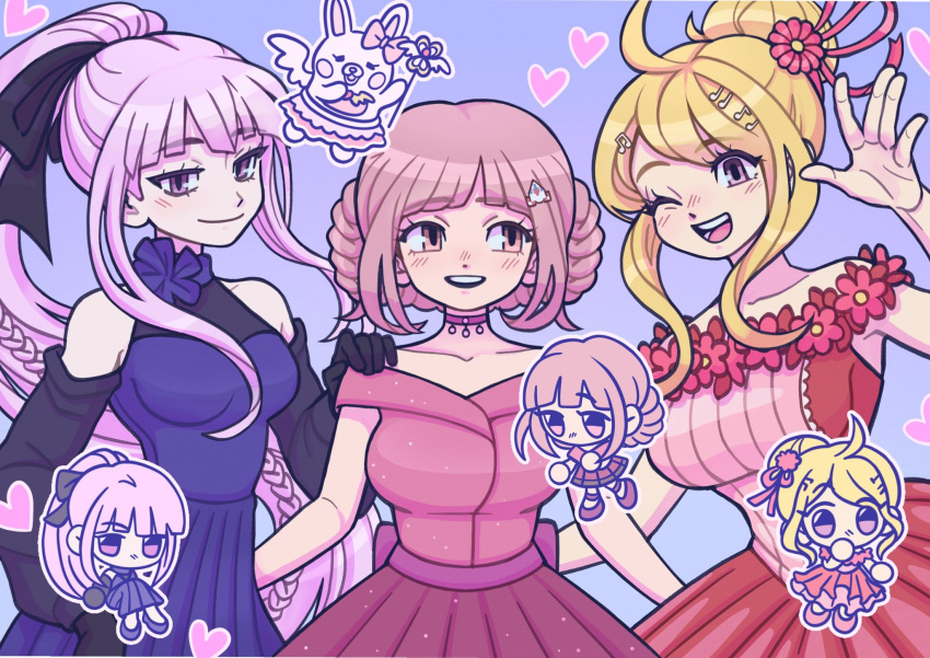 3girls, :d, ;d, akamatsu_kaede, bare_shoulders, bazukat_art, black_bow, black_gloves