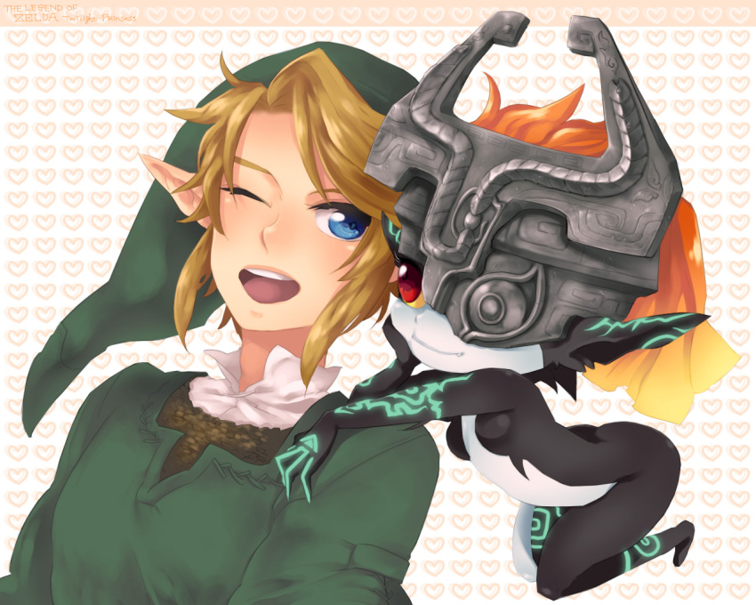 blue_eyes, fang, hat, helmet, imp, link, midna, nintendo, nishiyama_(whatsoy), pointy_ears, red_eyes, smile, the_legend_of_zelda, twilight_princess, wink