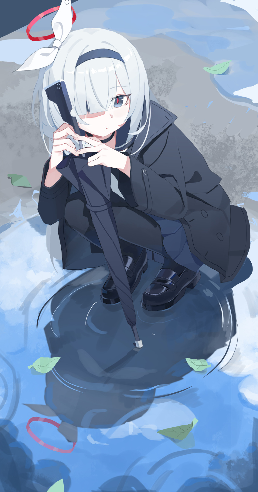 1girl, absurdres, black_choker, black_coat, black_hairband, black_pantyhose, black_sailor_collar, black_shirt, black_shoes, blue_archive, blue_skirt, blunt_bangs, bow, bright_pupils, chinese_commentary, choker, closed_mouth, coat, commentary, fanshuimucishen, fingernails, full_body, grey_hair, gun, hair_bow, hair_over_one_eye, hairband, halo, highres, leaf, loafers, long_hair, long_sleeves, looking_afar, neckerchief, open_clothes, open_coat, outdoors, pantyhose, parted_bangs, plana_(blue_archive), pleated_skirt, puddle, red_halo, red_pupils, reflection, reflective_water, ripples, sailor_collar, sailor_shirt, school_uniform, serafuku, shirt, shoes, sidelocks, skirt, solo, squatting, turning_head, umbrella, umbrella_gun, very_long_hair, water, weapon, white_bow, white_hair, white_neckerchief, wide_sleeves