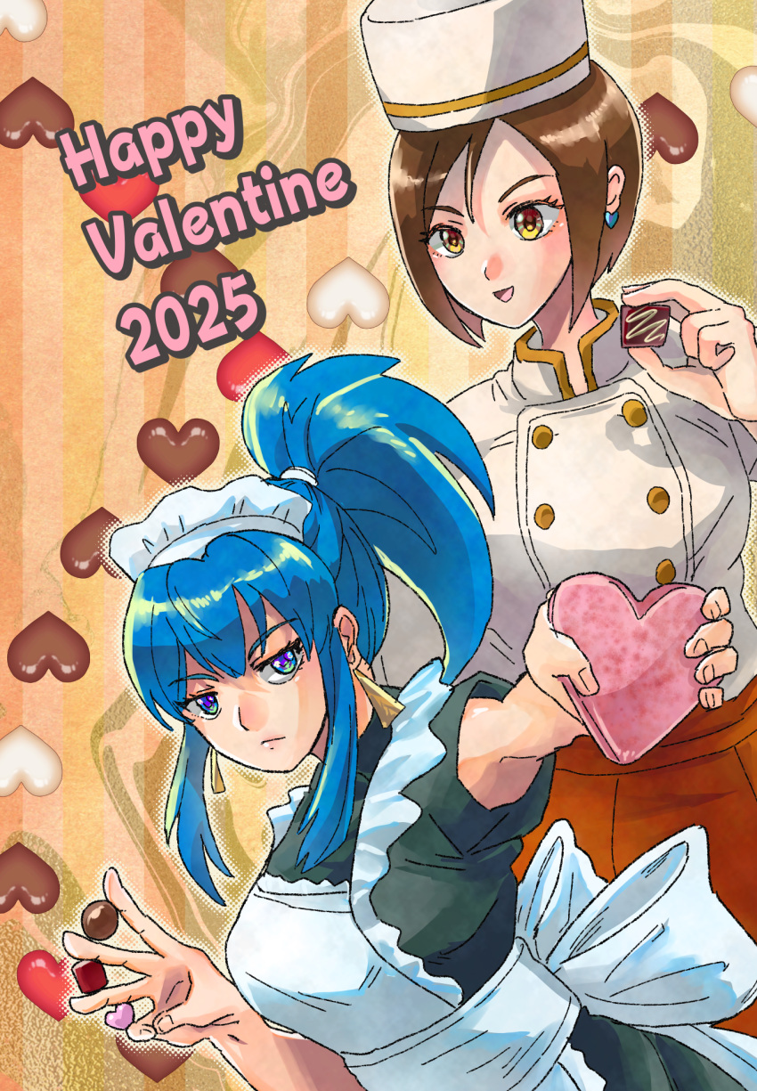 2025, 2girls, apron, bardothodol, between_fingers, blue_eyes, blue_hair, box