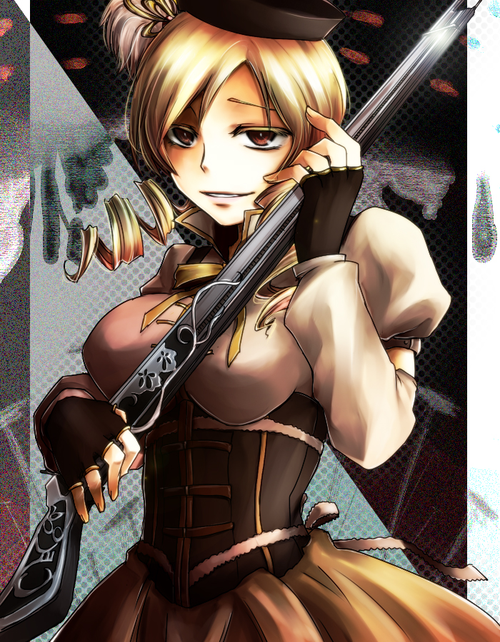 azumaya_kureha, beret, blonde_hair, breasts, brown_eyes, drill_hair, fingerless_gloves, gloves, grin, gun, hair_ornament, hat, magical_girl, magical_musket, mahou_shoujo_madoka_magica, pleated_skirt, puffy_sleeves, rifle, skirt, smile, solo, tomoe_mami, weapon