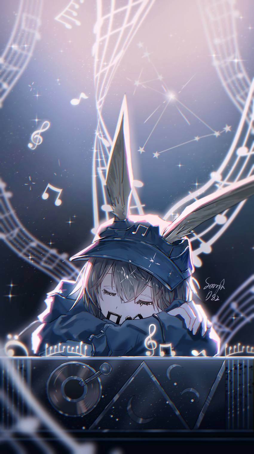 1girl, absurdres, against_desk, amiya_(arknights), animal_ears, arknights, black_hat, black_jacket