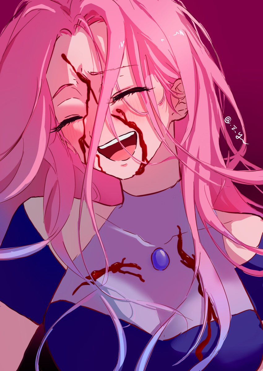 1girl, absurdres, alien_stage, blood, blood_on_face, blue_dress, chinese_commentary, closed_eyes
