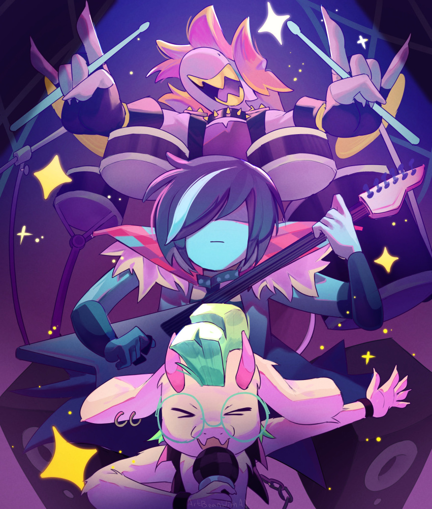 1boy, 1girl, 1other, \n/, absurdres, animal_ears, artbeanwithaj1, blue_hair