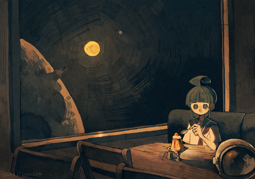 1girl, ahoge, ahoge_girl_(jimini_shijimi), aqua_eyes, aqua_hair, aqua_sailor_collar, chair, dated, elbow_rest, food, helmet, highres, holding, holding_spoon, jimini_shijimi, moon, neckerchief, no_pupils, open_mouth, orange_neckerchief, original, pudding, sailor_collar, shirt, short_hair, sidelocks, sitting, solo, space, space_helmet, spacecraft, spoon, sun, table, white_shirt, window