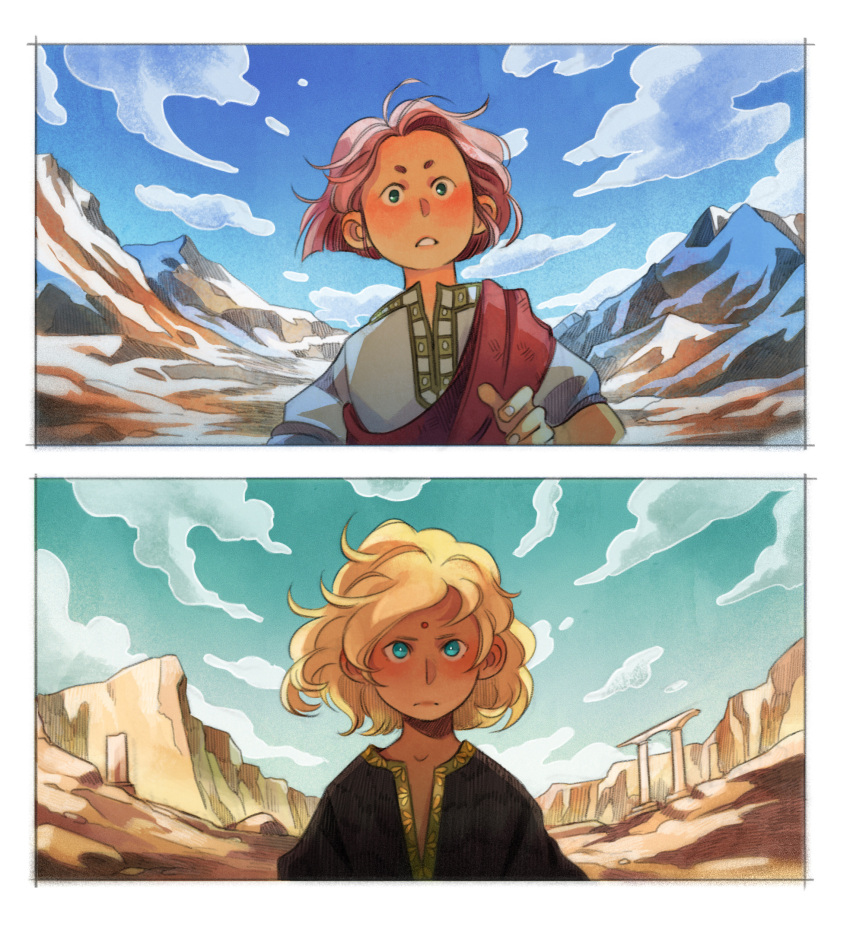 2boys, aged_down, alternate_hair_length, alternate_hairstyle, ameliecausse, androgynous, aries_muu, bindi, blue_sky, clouds, cloudy_sky, column_lineup, facial_mark, forehead_mark, hand_up, highres, hikimayu, indian_clothes, looking_at_viewer, male_focus, mountain, multiple_boys, outdoors, parted_lips, purple_hair, red_sash, saint_seiya, sash, short_hair, shoulder_sash, sky, tibetan_clothes, unusually_open_eyes, virgo_shaka, wide-eyed