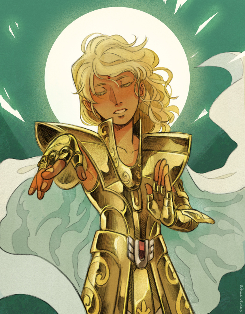1boy, ameliecausse, armor, bindi, blonde_hair, cape, closed_eyes, colored_eyelashes, cowboy_shot, facial_mark, facing_viewer, forehead_mark, gold_armor, gold_cloth, gold_saint, halo, halo_behind_head, hands_up, highres, long_hair, male_focus, outstretched_hand, parted_lips, reaching, reaching_towards_viewer, saint_seiya, solo, u_u, virgo_shaka, white_cape