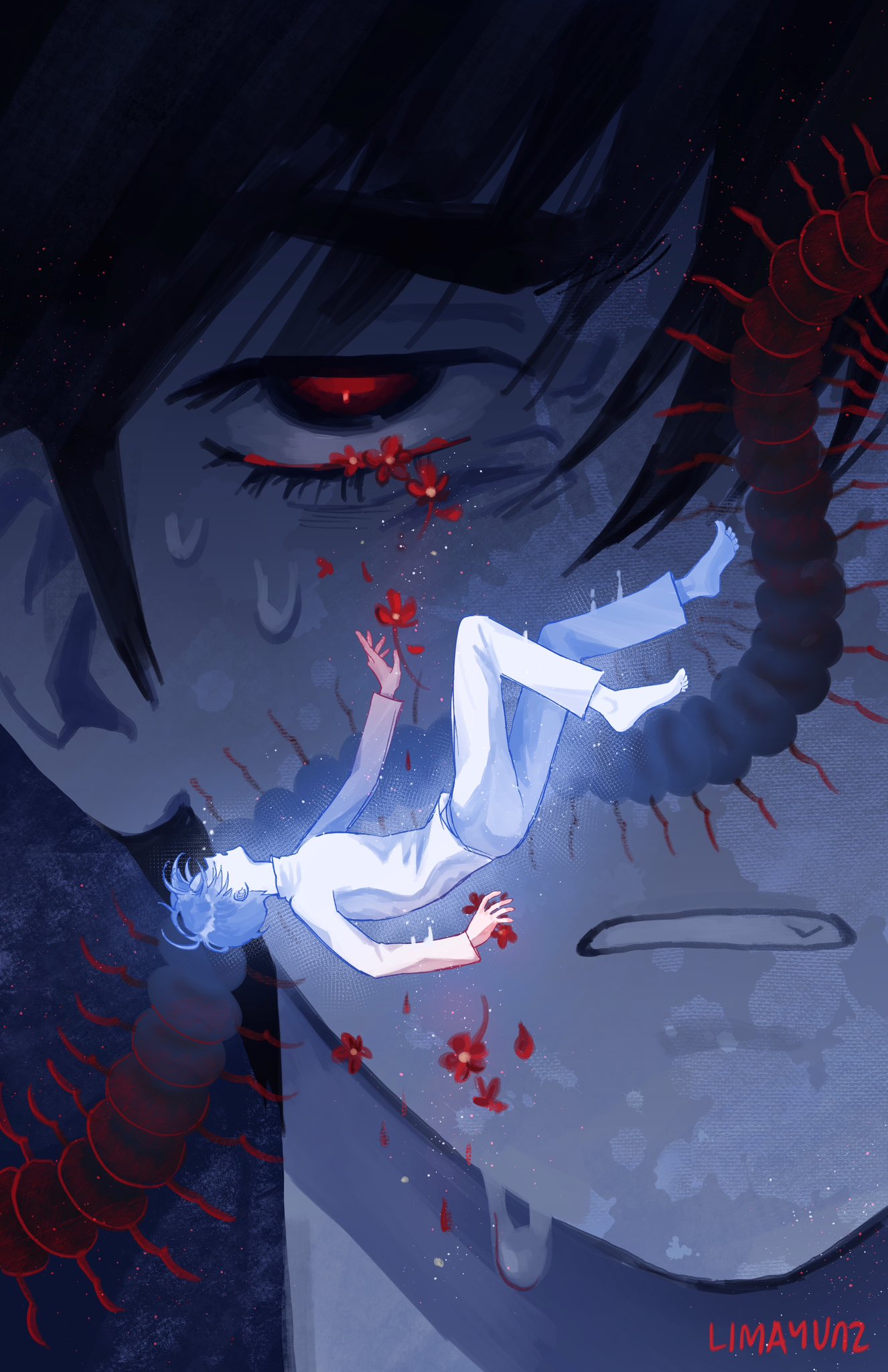 2boys, alien_stage, alternate_body_fluid, barefoot, black_eyes, black_hair, bug, centipede