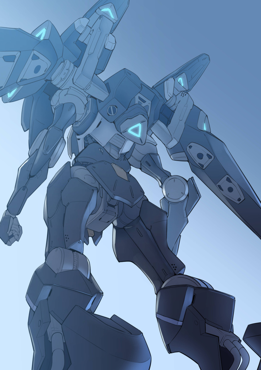 absurdres, blue_background, clenched_hand, gun, gundam, gundam_pharact, gundam_suisei_no_majo, highres