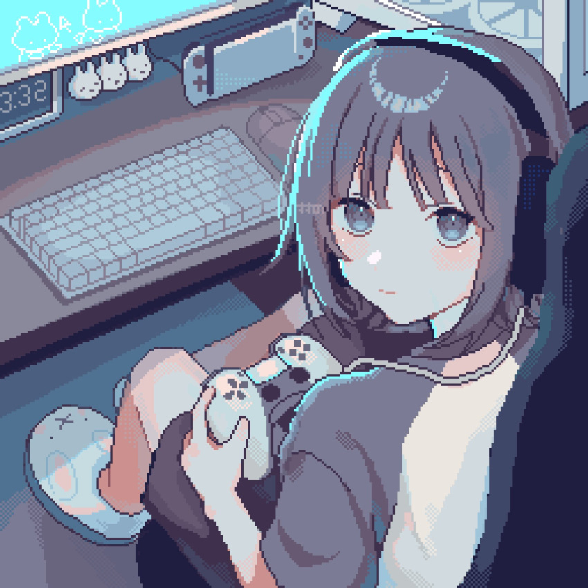 1girl, animal_slippers, asleep_onthebed, blue_eyes, brown_hair, bunny_slippers, chair, computer_fan
