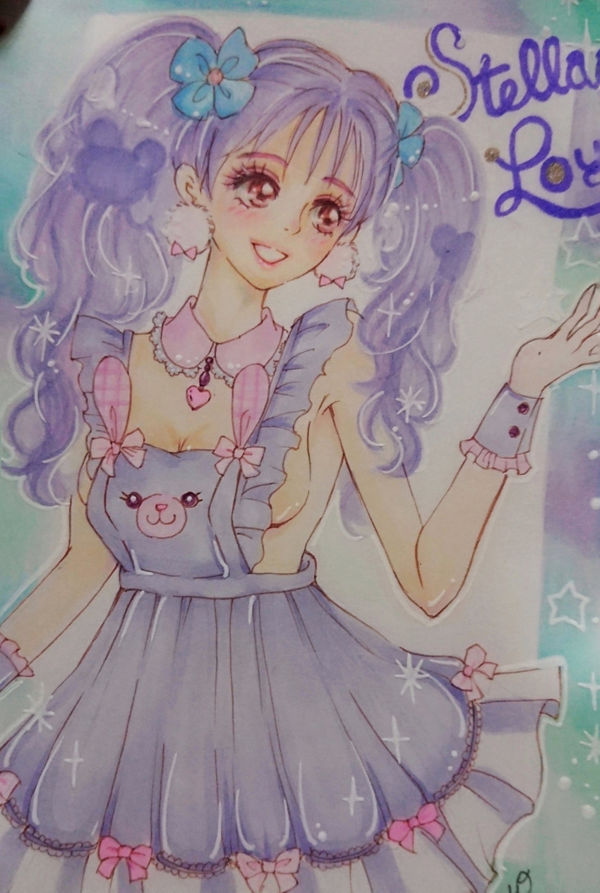1girl, absurdres, animification, dress, duffy_and_friends, happy, highres, humanization, long_hair, looking_at_viewer, moyo_yrs, purple_hair, shirt, smile, solo, stellalou, tagme, twintails, violet_eyes