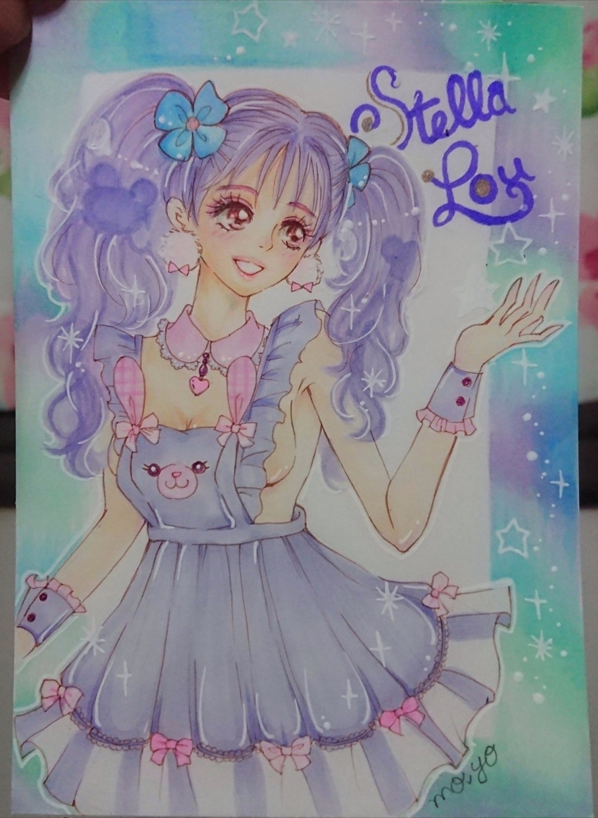 1girl, absurdres, animification, dress, duffy_and_friends, happy, highres, humanization, long_hair, looking_at_viewer, moyo_yrs, purple_hair, shirt, smile, solo, stellalou, tagme, twintails, violet_eyes