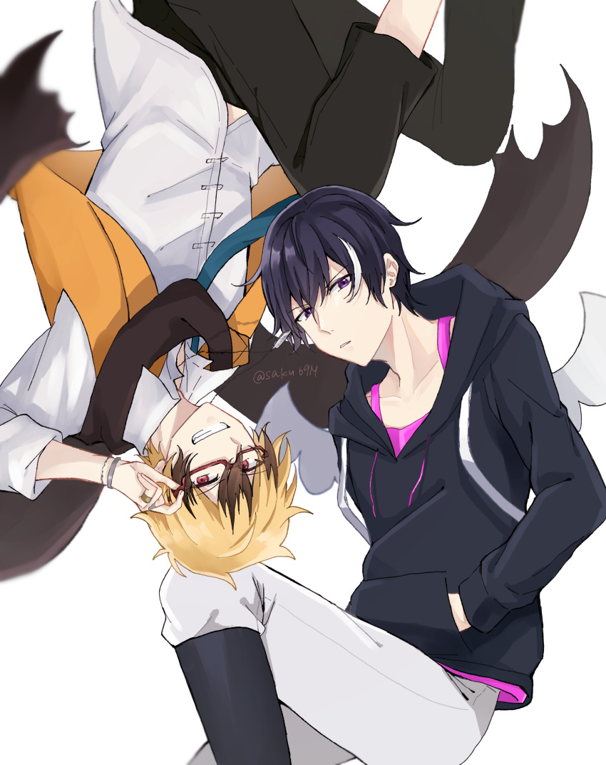 2boys, absurdres, backpack, bag, black_hair, black_scarf, blonde_hair, blue_necktie, grin, highres, lawless_(servamp), licht_jekylland_todoroki, male_focus, multicolored_hair, multiple_boys, necktie, pants, red-framed_eyewear, red_eyes, saku69m, scarf, servamp, short_hair, smile, two-tone_hair, violet_eyes, white_background, white_hair, white_pants, wings