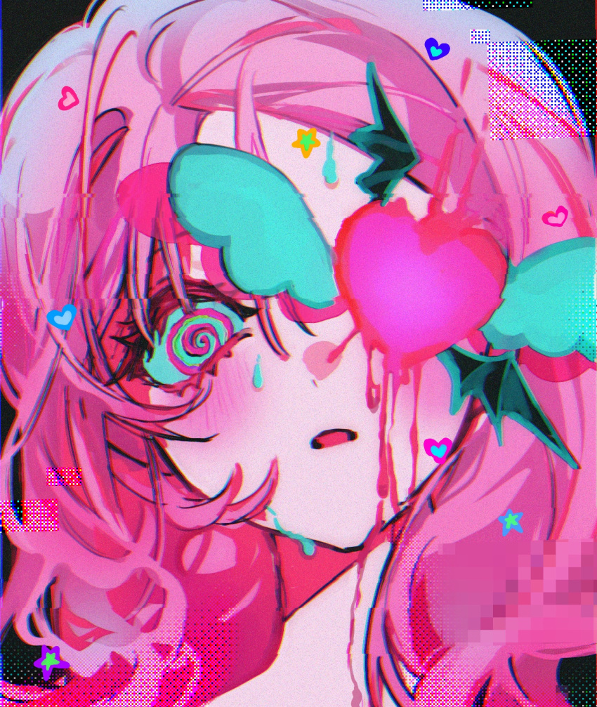 1girl, @_@, alien_stage, bat_wings, black_wings, blood, blood_on_face, blush, commentary, green_eyes, heart, highres, hiziri_o0, long_hair, mizi_(alien_stage), multicolored_eyes, one_eye_covered, open_mouth, pink_blood, pink_eyes, pink_hair, portrait, solo, star_(symbol), sweat, symbol-only_commentary, two-tone_eyes, white_wings, wings
