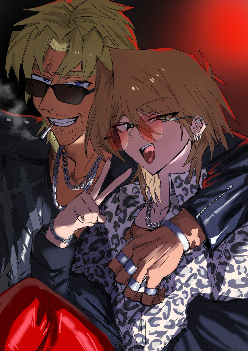 2boys, animal_print, chain, cigarette, crossdressing, earrings, highres, jewelry, jonouchi_katsuya, keith_howard, leopard_print, multiple_boys, ring, smoke, smoking, sunglasses, tanutanax, v, yu-gi-oh!