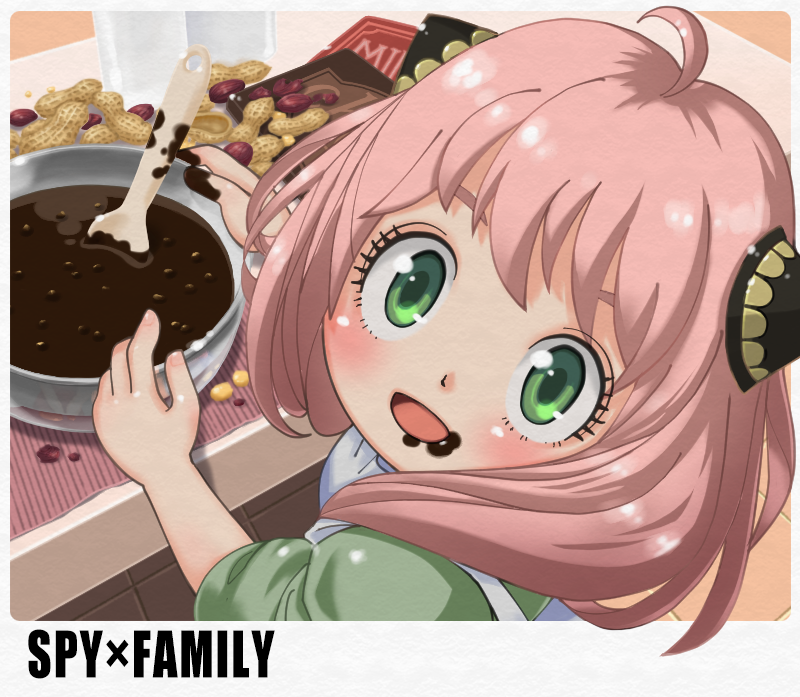 1girl, anya_(spy_x_family), apron, border, bowl, child, chocolate, chocolate_making, chocolate_on_face, chocolate_on_hand, commentary, cooking, copyright_name, food, food_on_face, food_on_hand, green_eyes, green_shirt, hairpods, indoors, kainan, looking_at_viewer, looking_back, mixing_bowl, peanut, pink_hair, shirt, sleeves_rolled_up, solo, spoon, spy_x_family, valentine, white_apron, white_border, wooden_spoon