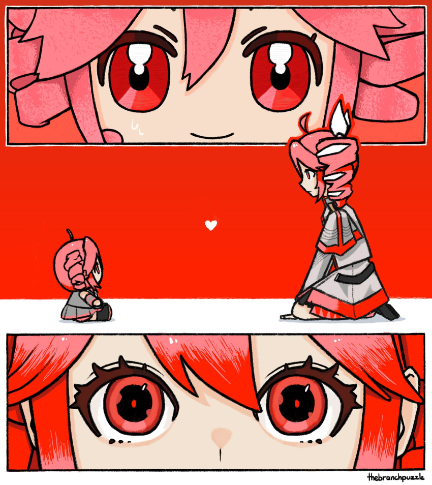 ahoge, bow, branchpuzzle, drill_hair, grey_jacket, grey_skirt, heart, highres, jacket, kasane_teto, kasane_teto_(sv), kasane_teto_(utau), red_eyes, seiza, sitting, skirt, stuffed_toy, synthesizer_v, tagme, twin_drills, twintails, utau, white_bow