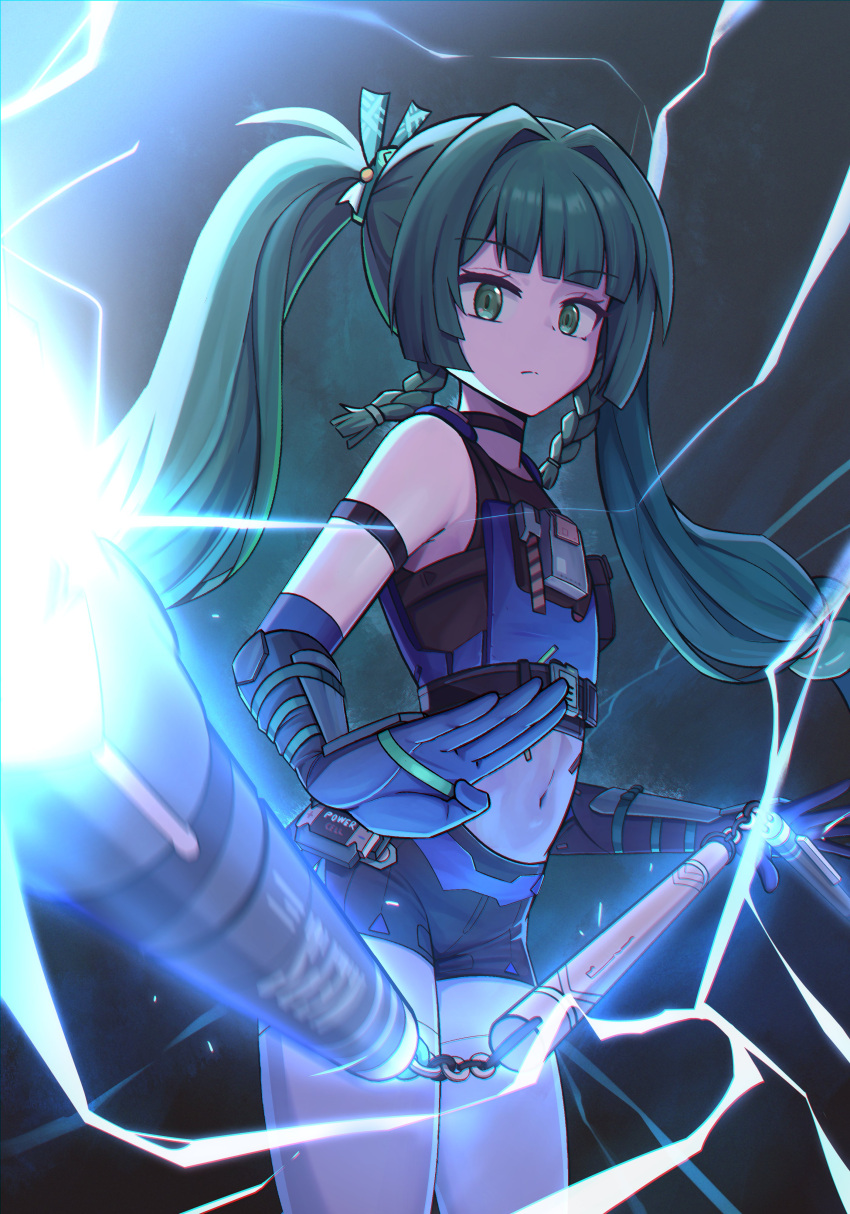 1girl, absurdres, bare_shoulders, black_choker, blue_gloves, boyal, braided_twintails, choker