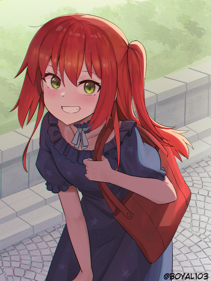1girl, absurdres, bag, blue_dress, blush, bocchi_the_rock!, boyal, choker, dress, frilled_choker, frilled_dress, frills, grass, green_eyes, grin, highres, kita_ikuyo, long_hair, looking_at_viewer, red_hair, side_ponytail, smile, solo, standing, very_long_hair