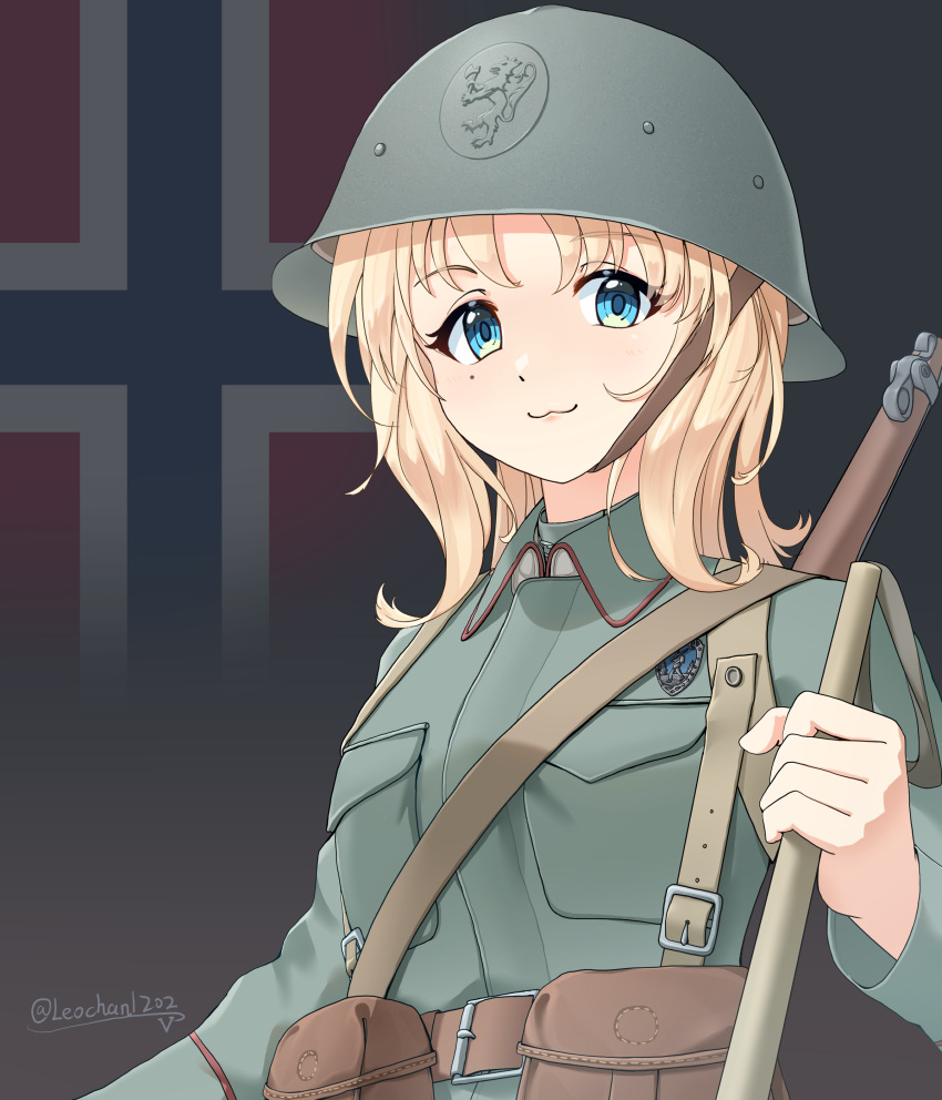 1girl, :3, absurdres, ammunition_pouch, artist_name, belt, blonde_hair, blue_eyes