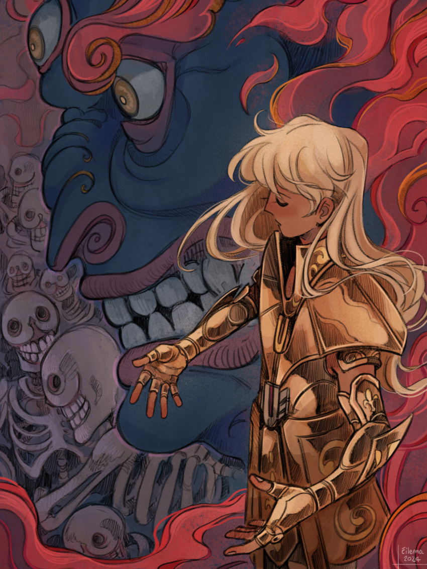2boys, ameliecausse, androgynous, animal_nose, armor, blonde_hair, blue_skin, buddhism