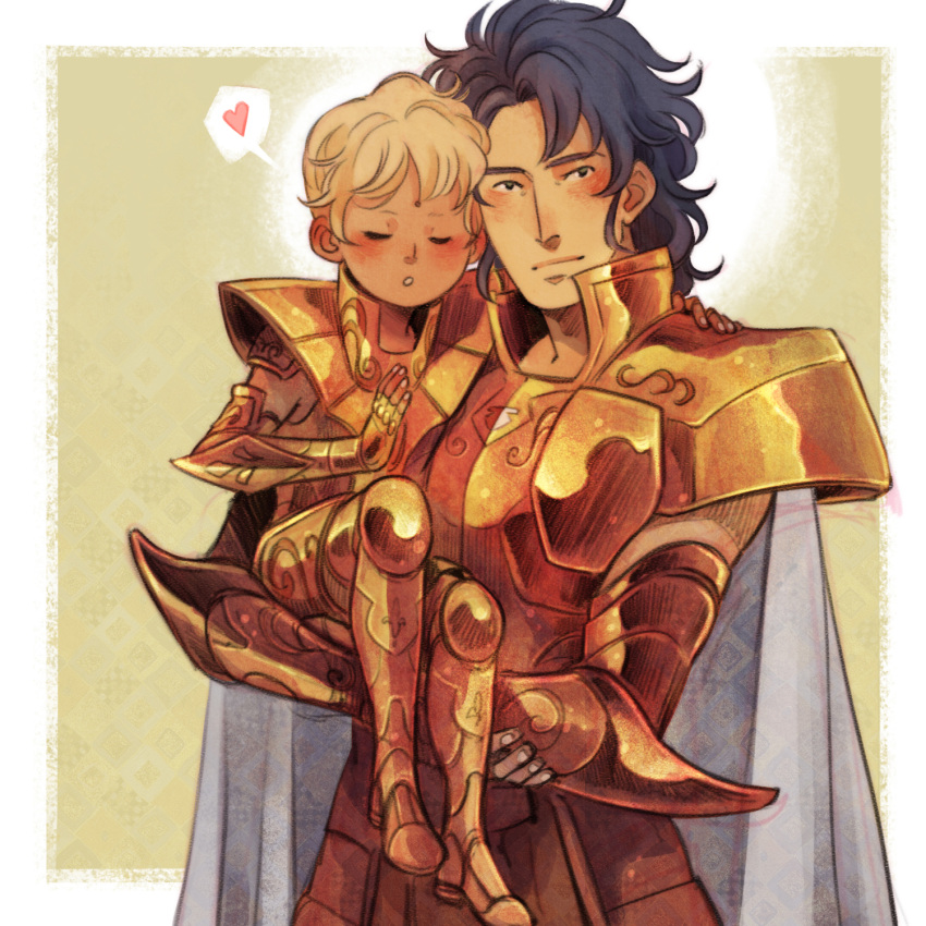 2boys, :o, aged_down, alternate_hair_length, alternate_hairstyle, ameliecausse, armor, bindi