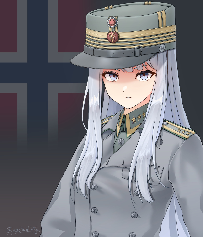 1girl, absurdres, artist_name, buttons, coat, commentary, double-breasted, flag_background