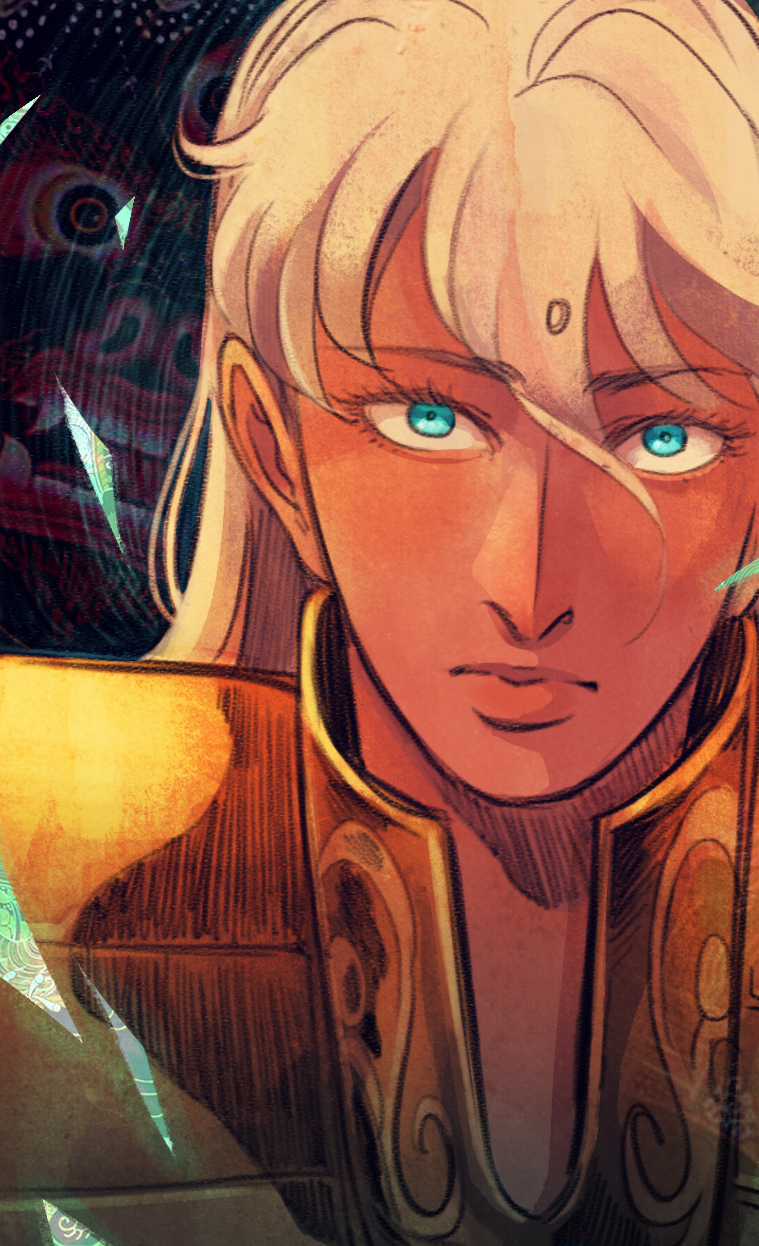 1boy, ameliecausse, armor, bindi, bishounen, blonde_hair, blue_eyes, demon