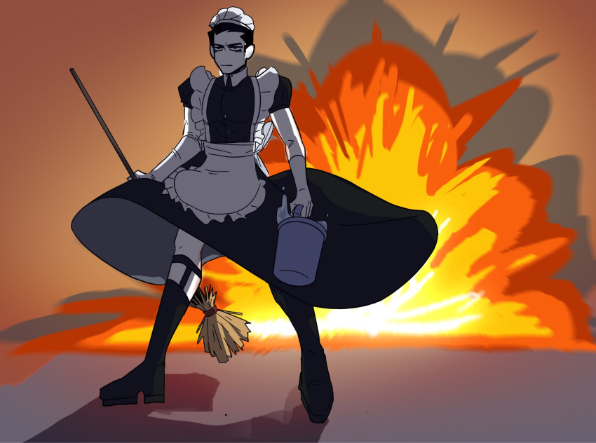 1boy, :|, apron, black_dress, black_eyes, black_hair, broom, bucket