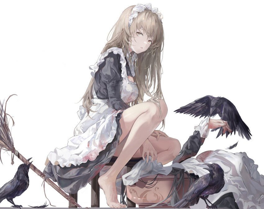 2girls, absurdres, apron, barefoot, beak_hold, bird, bird_on_hand, black_bird
