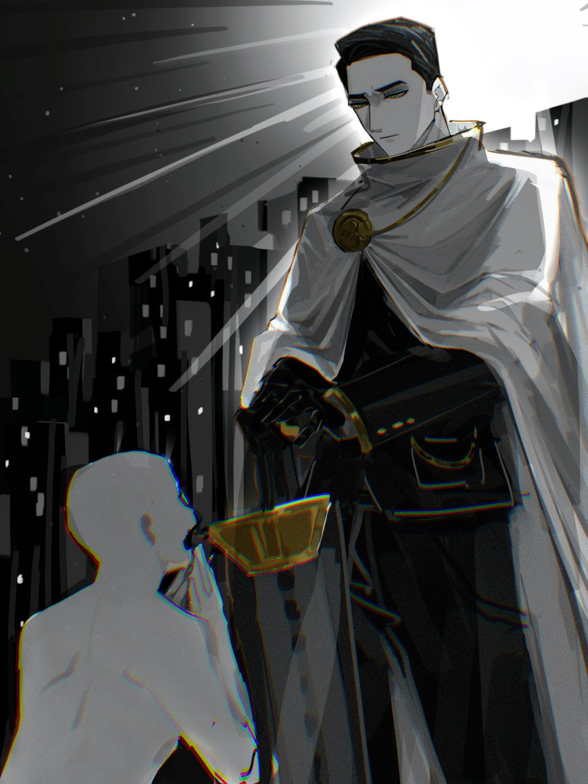 1boy, 1other, alternate_costume, backlighting, black_hair, black_suit, city, closed_eyes
