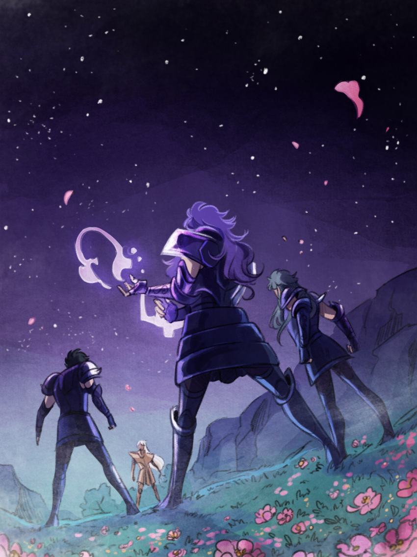 4boys, ameliecausse, aquarius_camus, armor, battle, blonde_hair, blue_hair, capricorn_shura