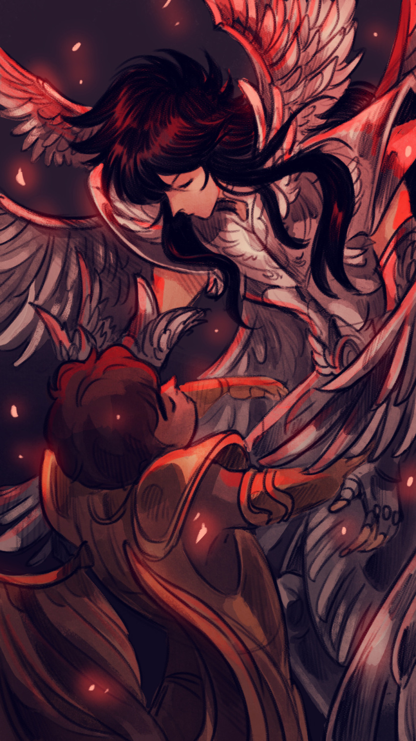 2boys, ameliecausse, armor, black_armor, black_hair, brown_hair, closed_eyes, embers