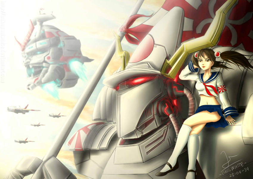 1girl, absurdres, aircraft, airplane, artificial_eye, black_shoes, blue_sailor_collar, breasts