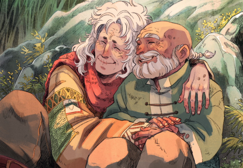 2boys, ^_^, alternate_costume, ameliecausse, aries_shion, bald, beard, casual