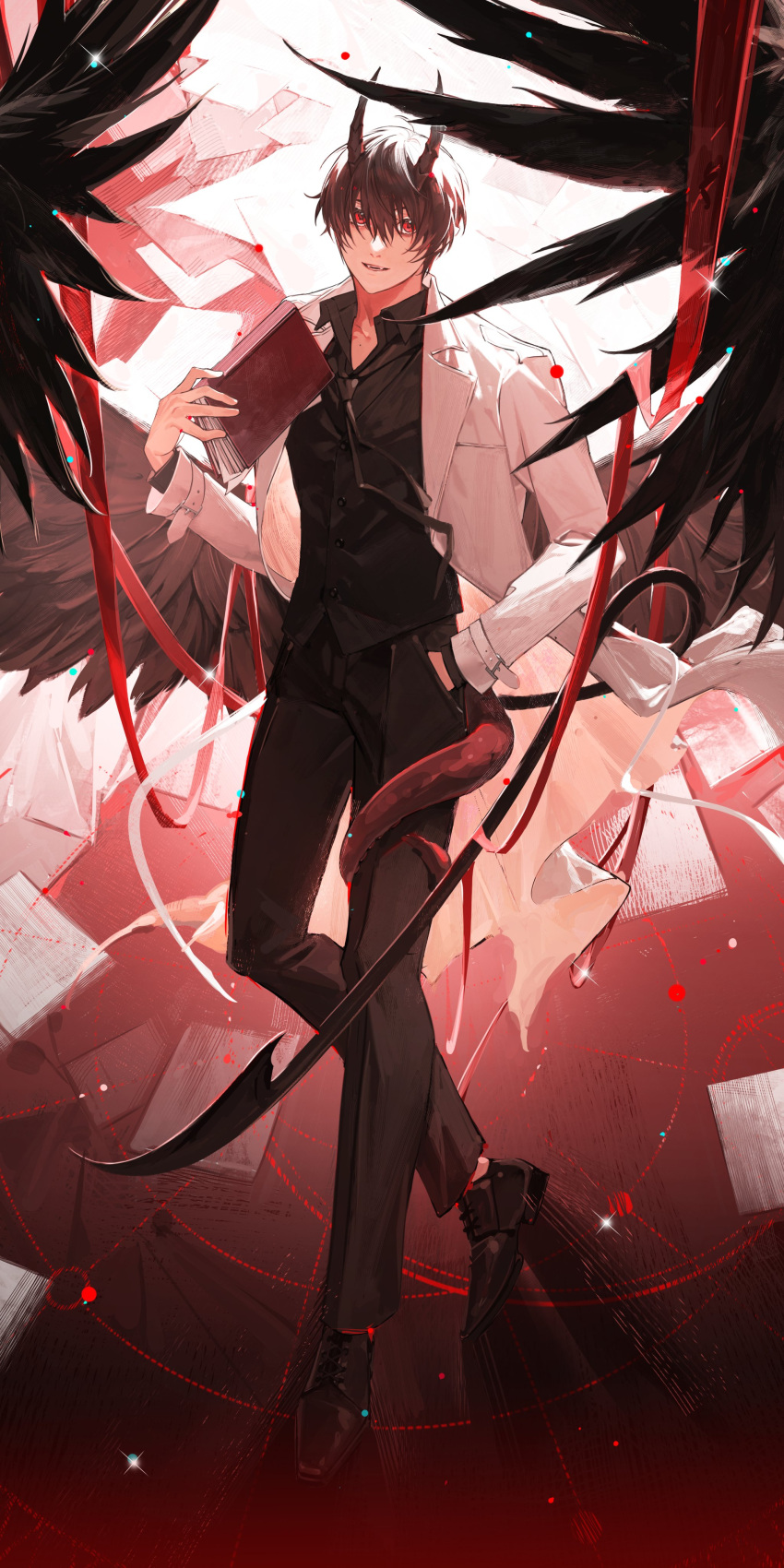 1boy, absurdres, black_necktie, black_shirt, black_wings, book, coat, collared_shirt