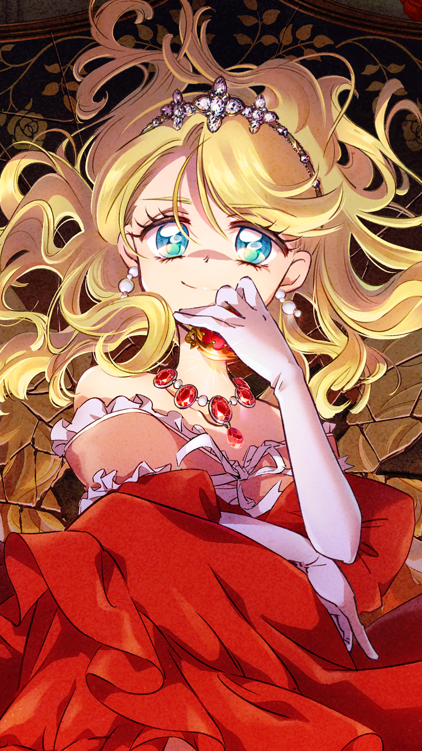 1girl, ashita_no_nadja, blonde_hair, blue_eyes, broken_mirror, commentary_request, crown, dress