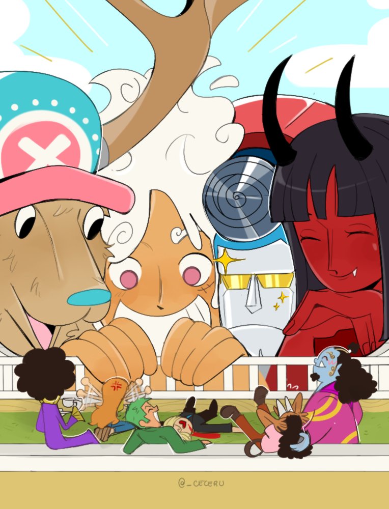 2girls, 6+boys, ^_^, afro, alternate_form, anger_vein, antlers, black_hair