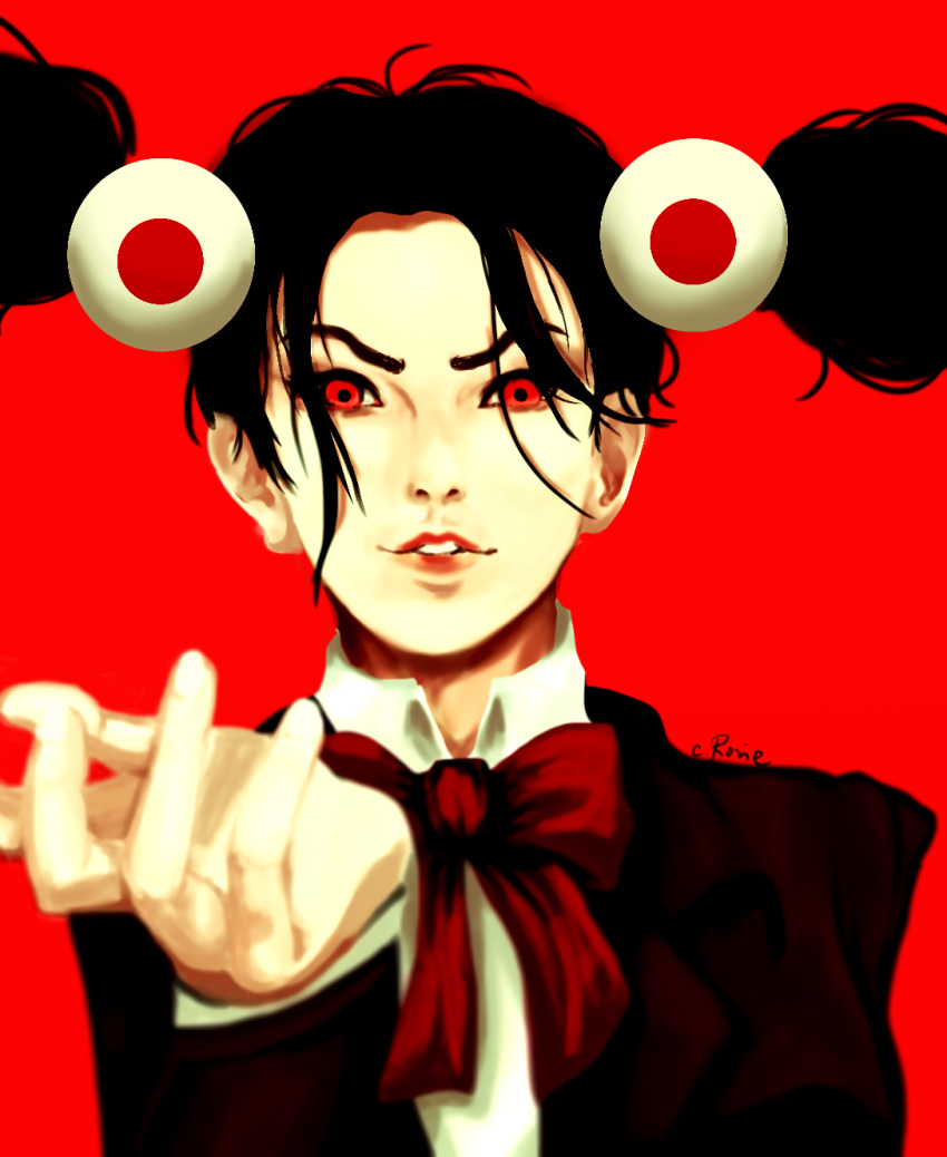 >:), 1girl, black_hair, black_shirt, blouse, bow, bowtie, collar