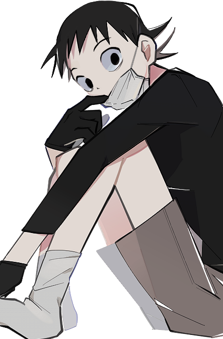 1boy, ankle_socks, arm_on_knee, black_eyes, black_gloves, black_hair, black_shirt, full_body