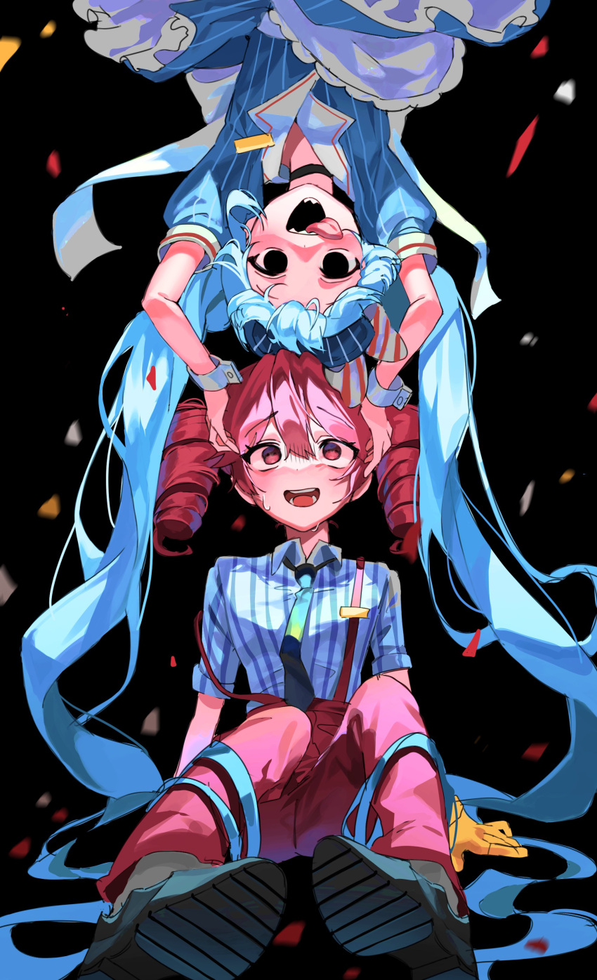 2girls, :d, absurdres, alternate_costume, alternate_eye_color, apron, arms_at_sides, arms_up