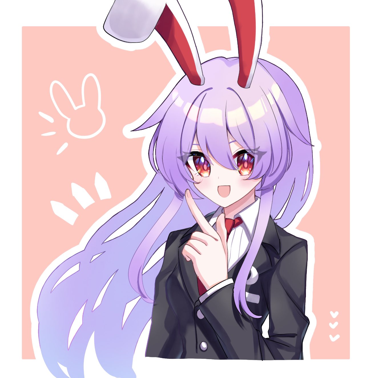 1girl, animal_ears, black_jacket, blazer, bloom_mfmf, border, breast_pocket, bullet, buttons, collared_jacket, collared_shirt, crescent, crescent_pin, dot_nose, eyes_visible_through_hair, finger_gun, fingernails, floppy_ears, hair_between_eyes, highres, jacket, lapel_pin, lapels, layered_sleeves, light_blush, long_hair, long_sleeves, necktie, notched_lapels, open_mouth, orange_background, outline, outside_border, pocket, purple_hair, rabbit_ears, red_eyes, red_necktie, reisen_udongein_inaba, shirt, sidelocks, smile, solo, touhou, tsurime, upper_body, very_long_hair, white_border, white_outline, white_shirt