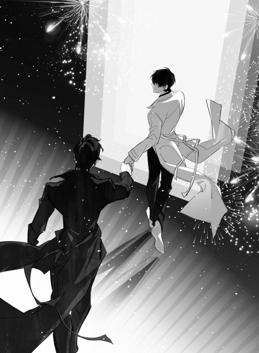 2boys, black_coat, black_hair, coat, door, faceless, fireworks, full_body