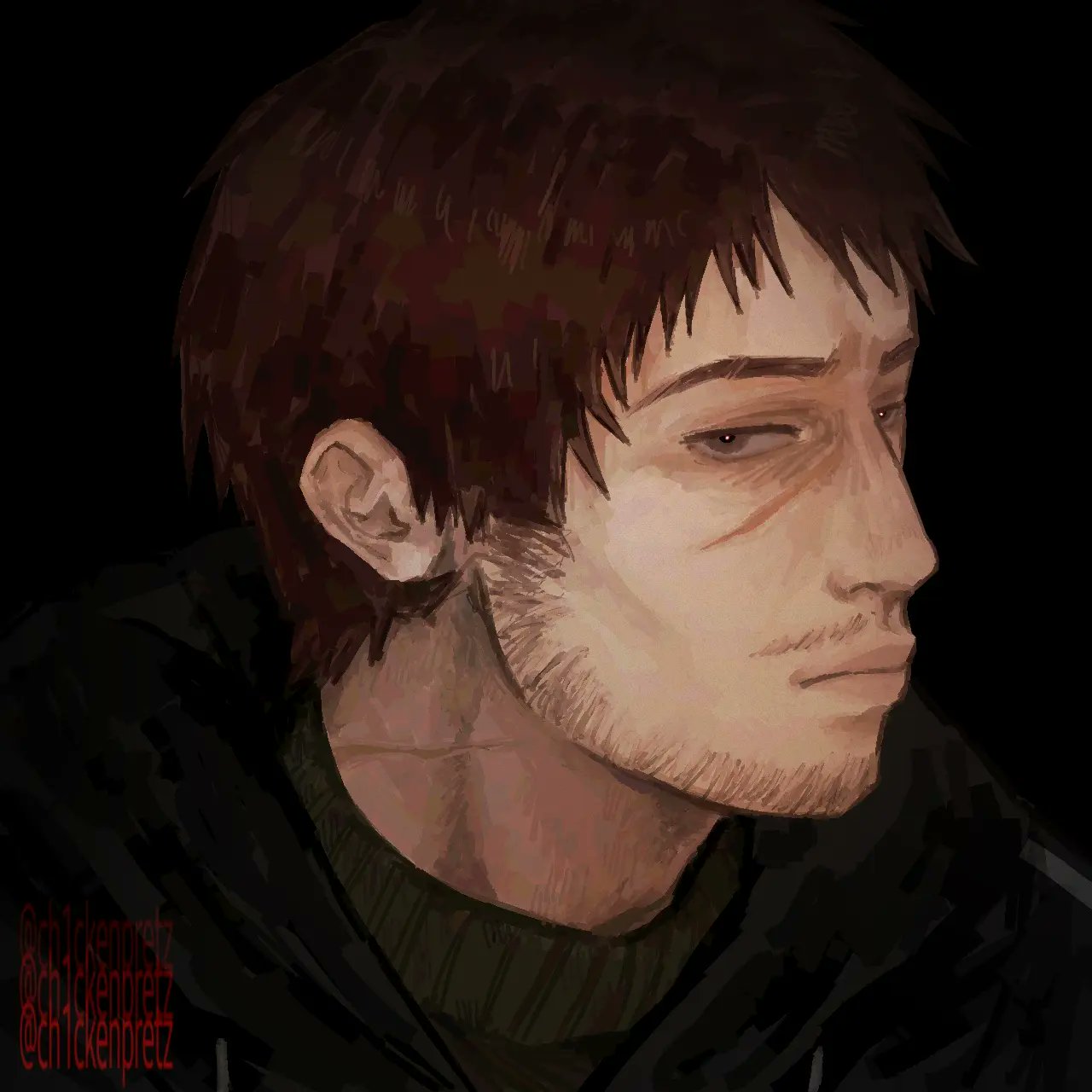1boy, afraid_of_monsters, beard_stubble, black_background, black_hoodie, brown_eyes, brown_hair, ch1ckenpretz
