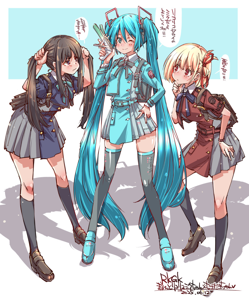 3girls, aqua_dress, aqua_eyes, aqua_hair, backpack, bag, blue_dress, bunching_hair